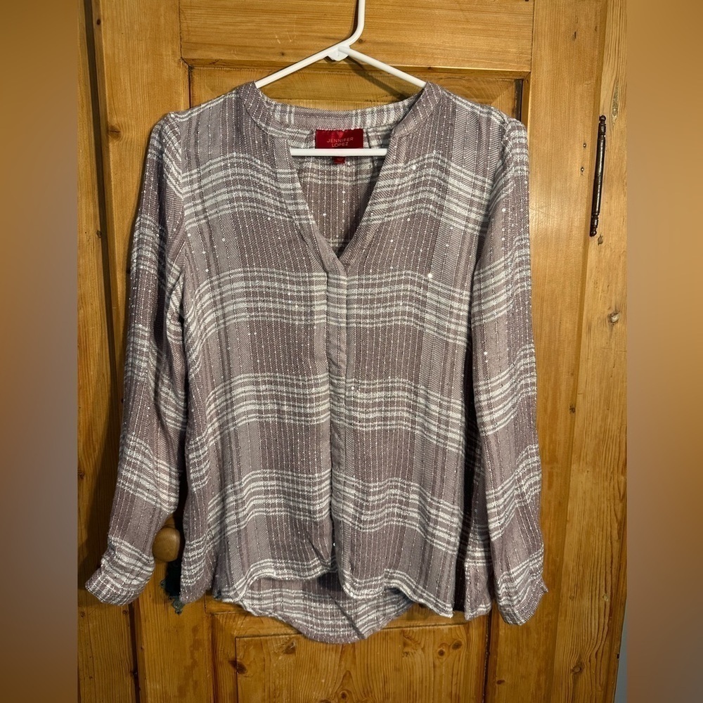 Jennifer Lopez Purple & Silver Metallic Shimmer Top Long Sleeve Size Small - Picture 3 of 10